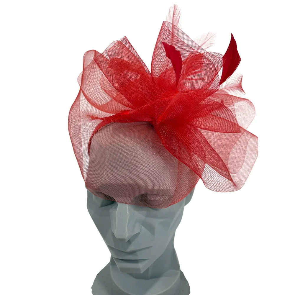 Bellissima‎ Millinery Red Fascinator Headband Mesh Feather Kentucky Derby Hat
